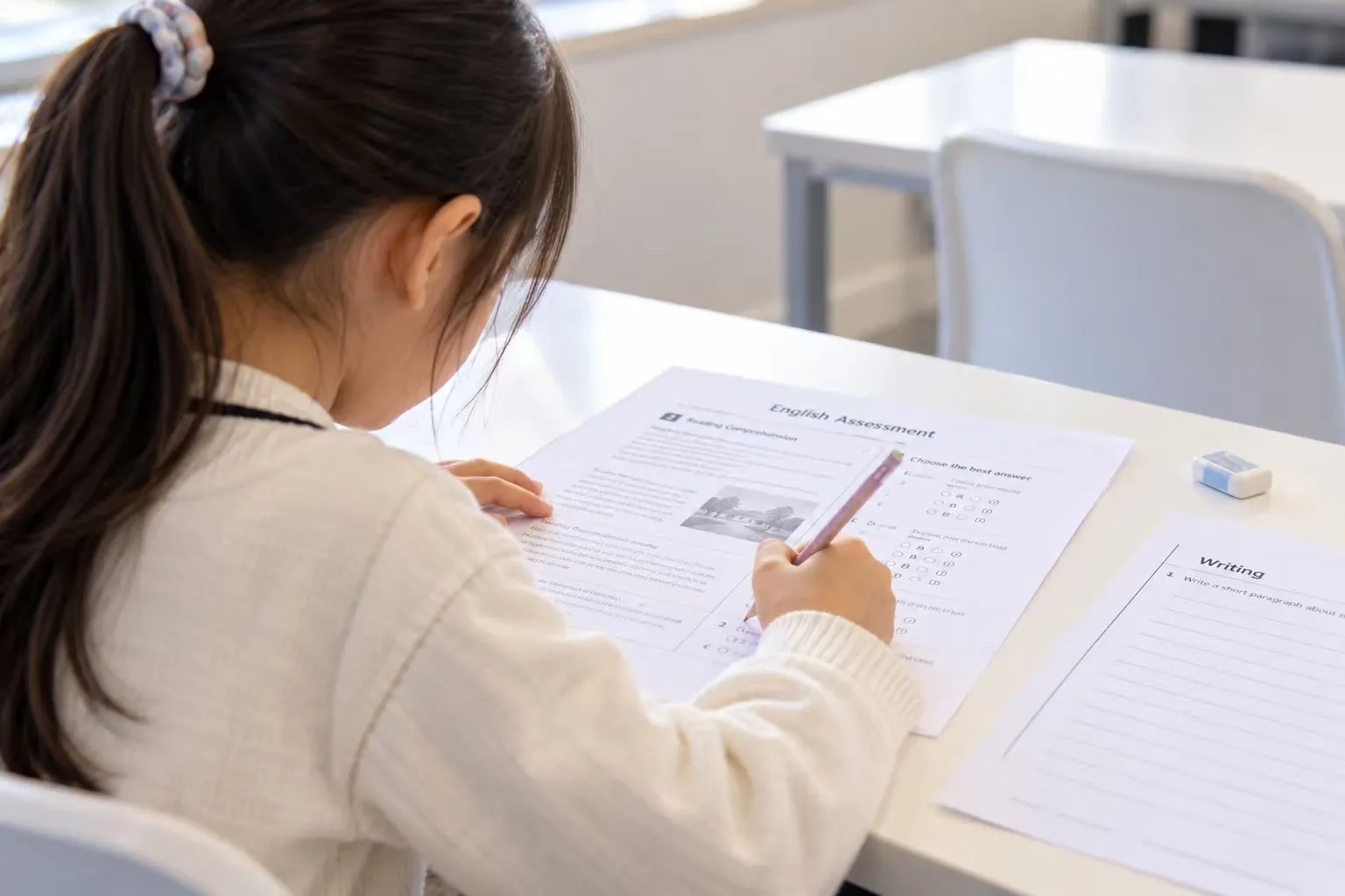A student, seen from behind, works through an English assessment