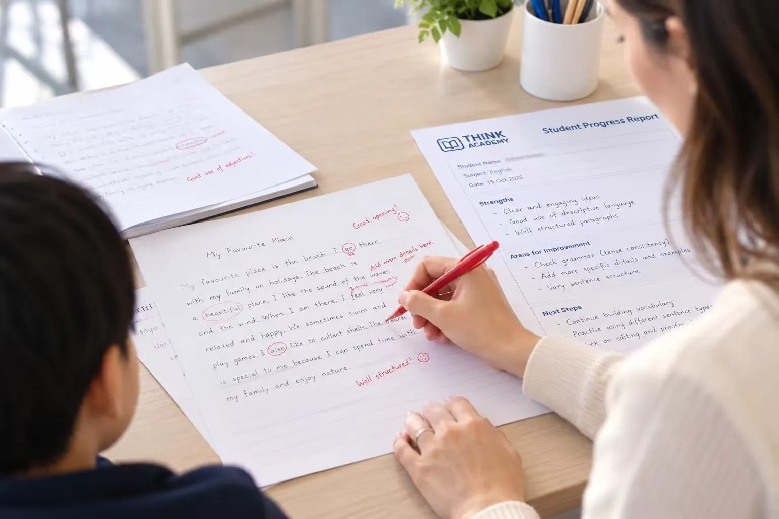 A teacher marks a piece of writing beside a student progress report