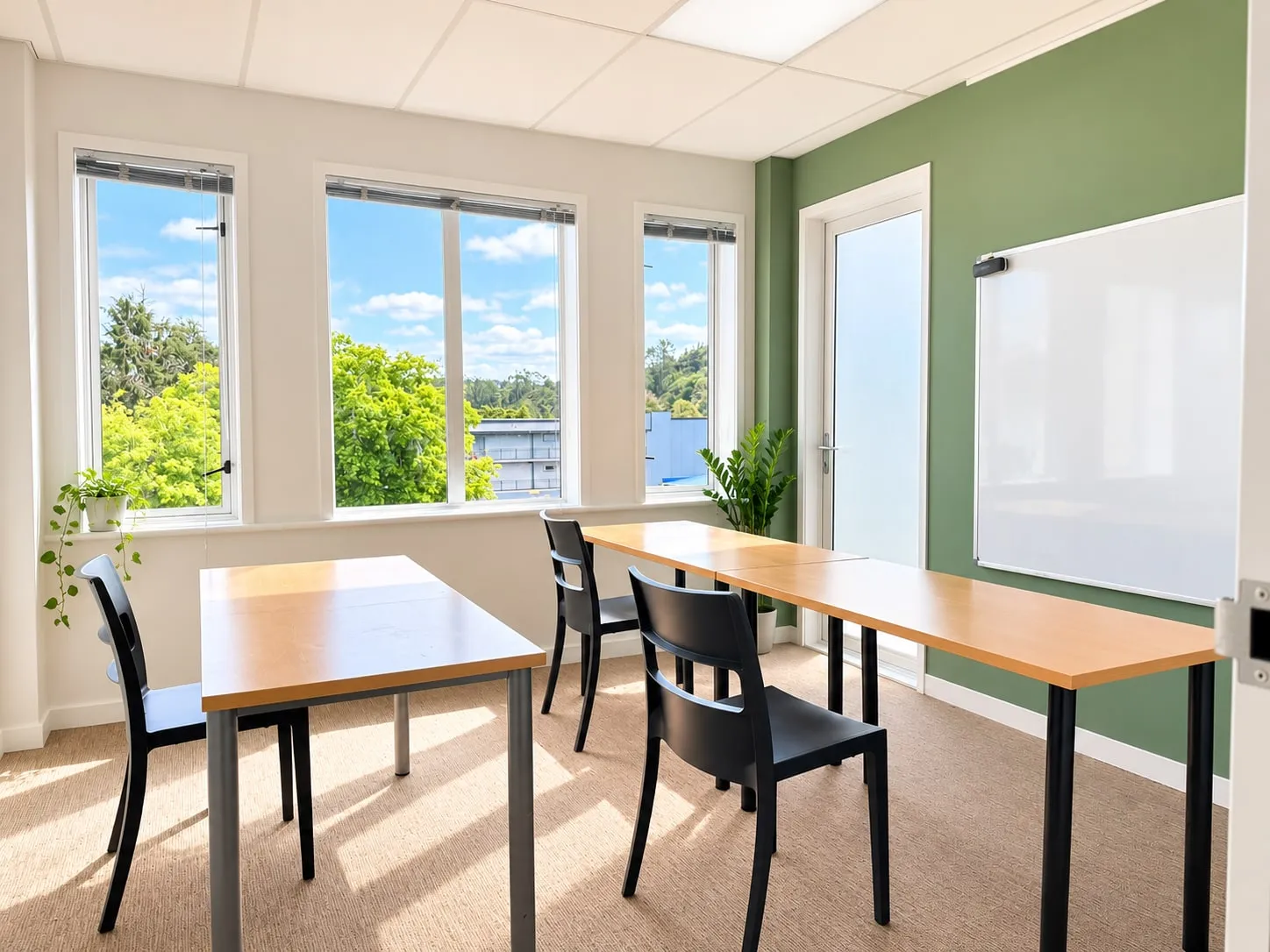 A sunny classroom with a green wall and a whiteboard