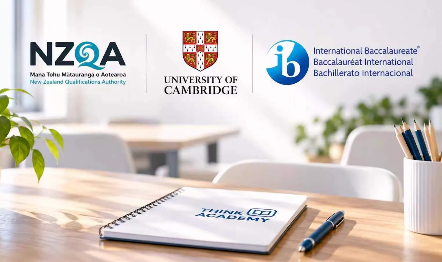 The NZQA, University of Cambridge and International Baccalaureate logos above a desk